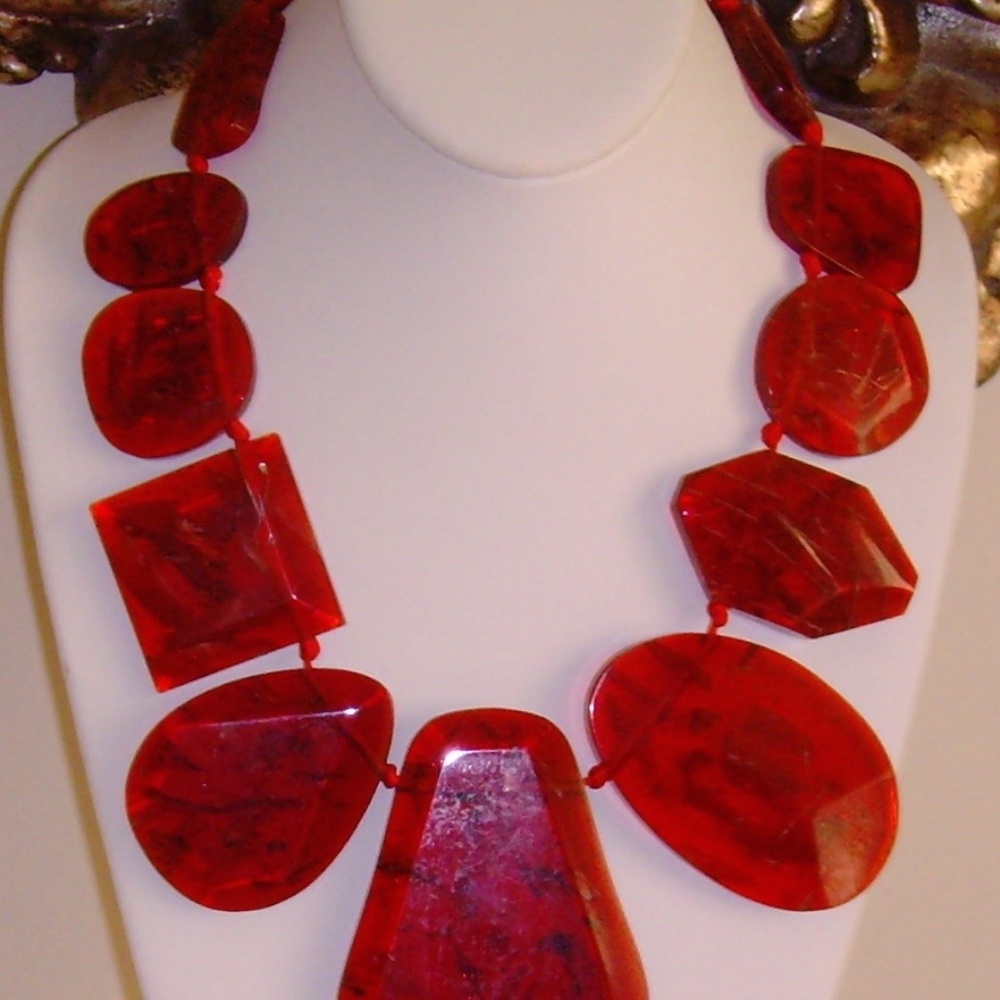 Lucite Translucent Red Bib Statement Necklace - image 4